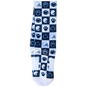 white socks with 70s style bedding with alternating squares with football helmet, Penn State Athletic Logo, and paw print